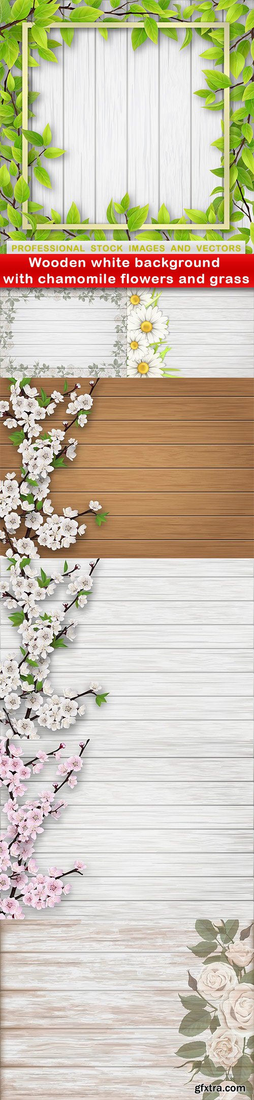 Wooden white background with chamomile flowers and grass - 7 EPS