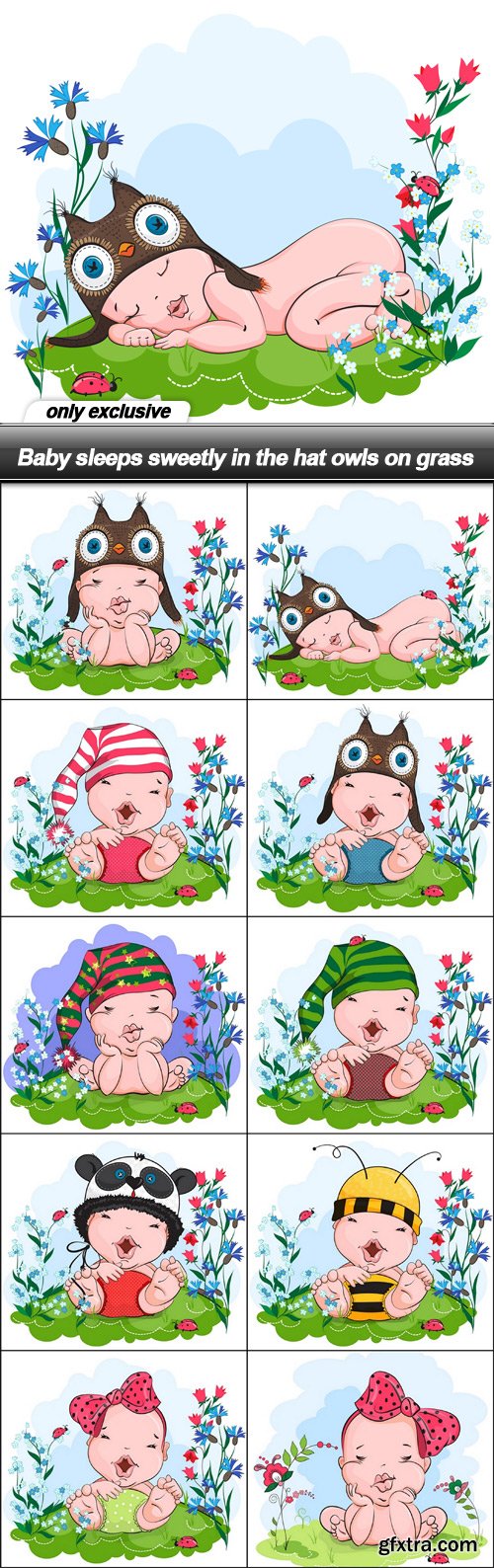 Baby sleeps sweetly in the hat owls on grass - 11 EPS