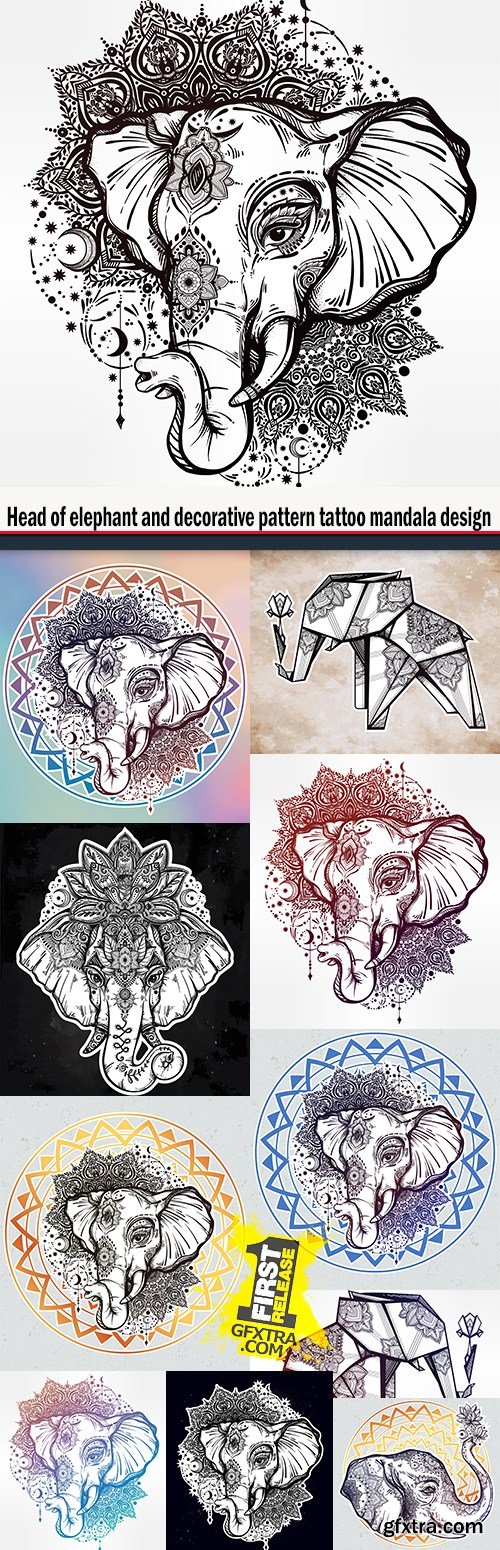 Head of elephant and decorative pattern tattoo mandala design