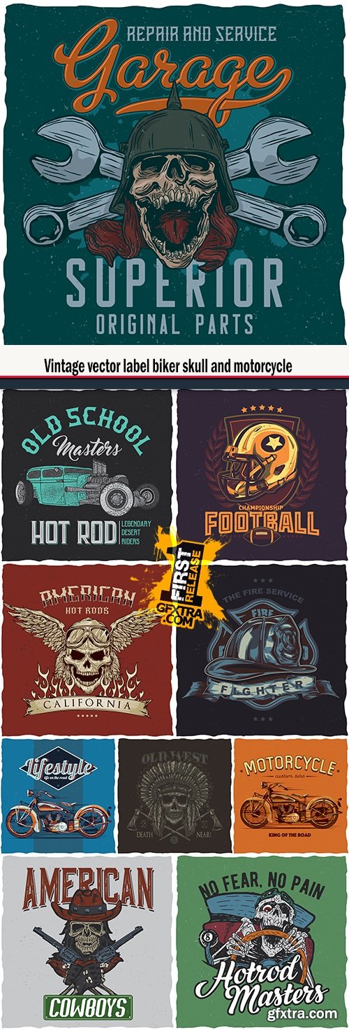 Vintage vector label biker skull and motorcycle