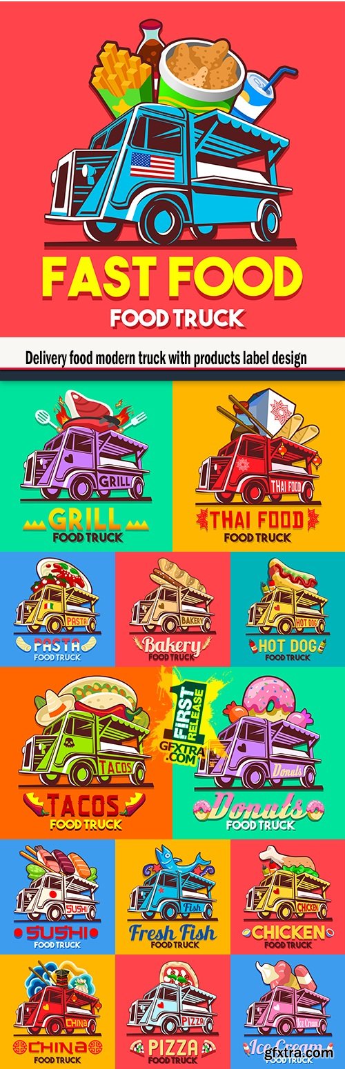 Delivery food modern truck with products label design