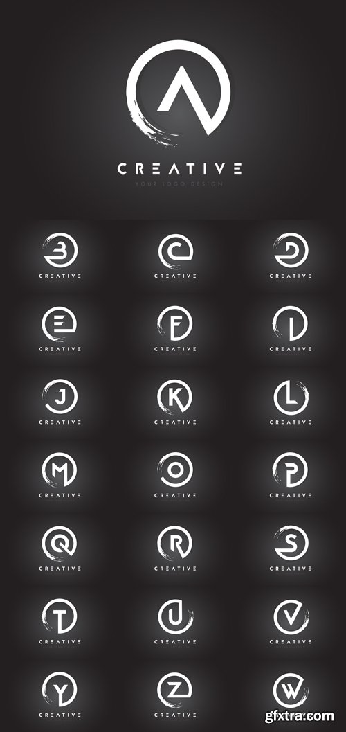 Vector Set - Circular Letter Logo with Circle Brush Design and Black Background