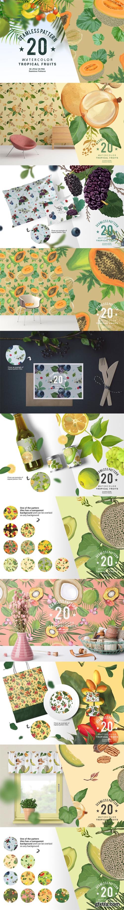 20 Watercolor Tropical Fruits Seamless Pattern