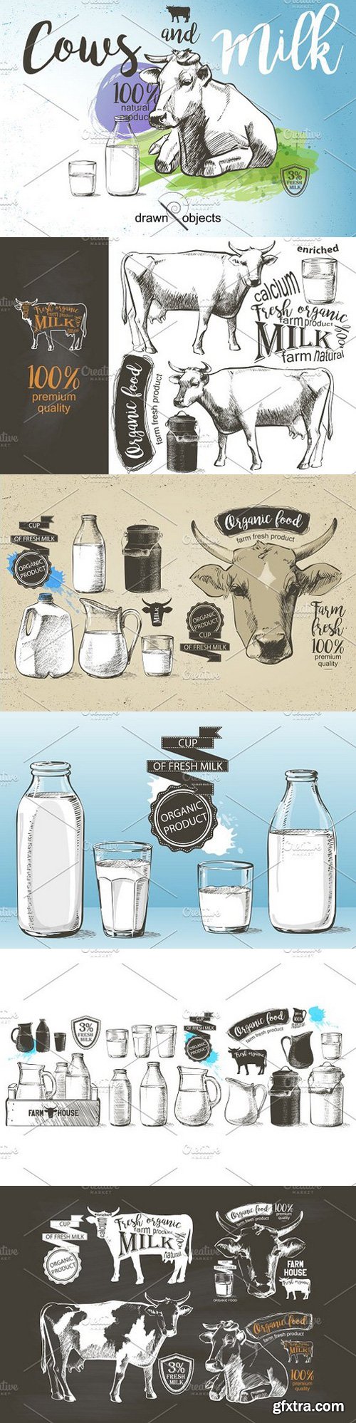 CM - Cows and Milk. Hand drawn Vector set 1167981