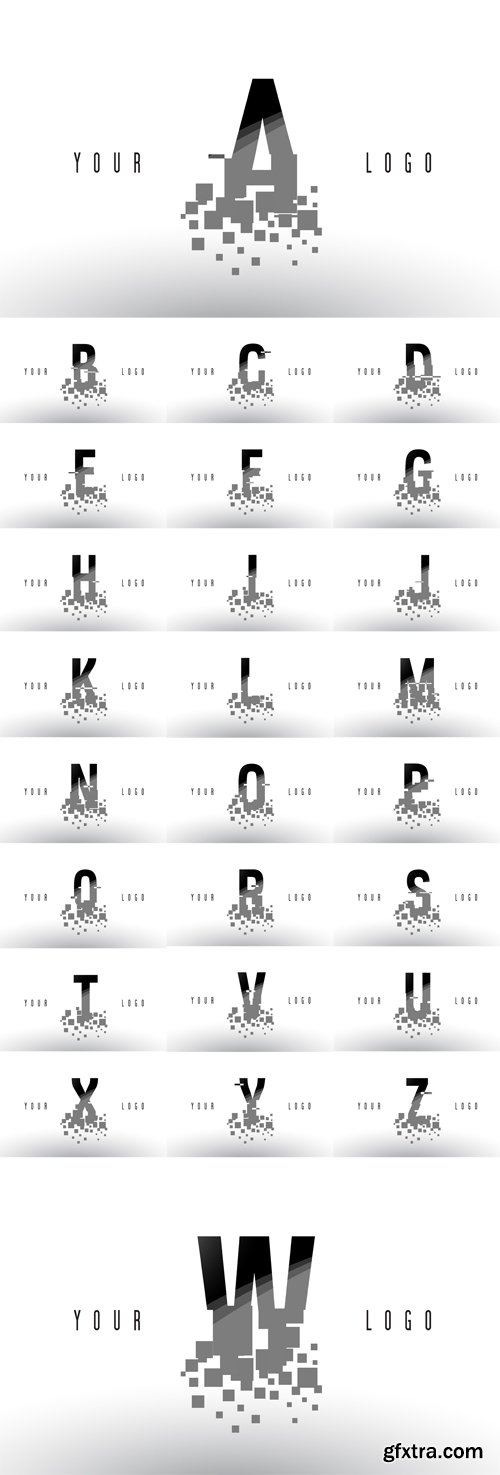 Vector Set - Pixel Letter Logo with Digital Shattered Black Squares Vector Set - Pixel Letter Logo with Digital Shattered Black Squares