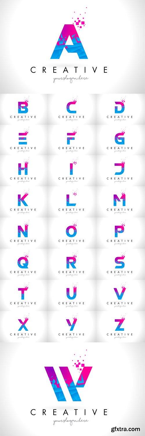 Vector Set - Letter Logos with Shattered Broken Blue Pink Texture Design