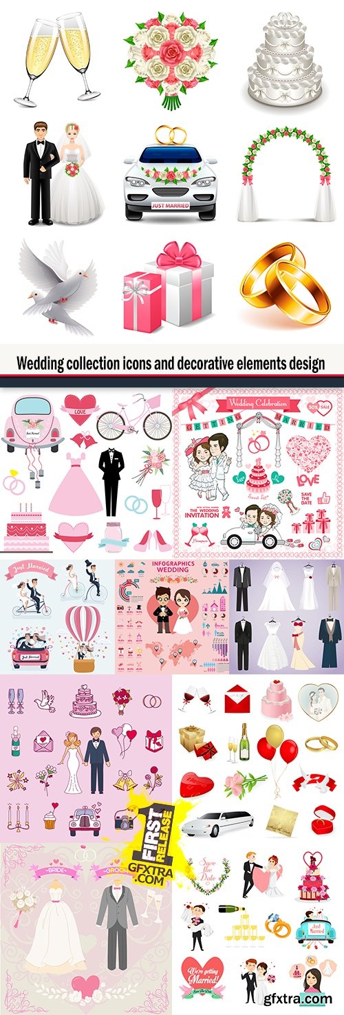 Wedding collection icons and decorative elements design