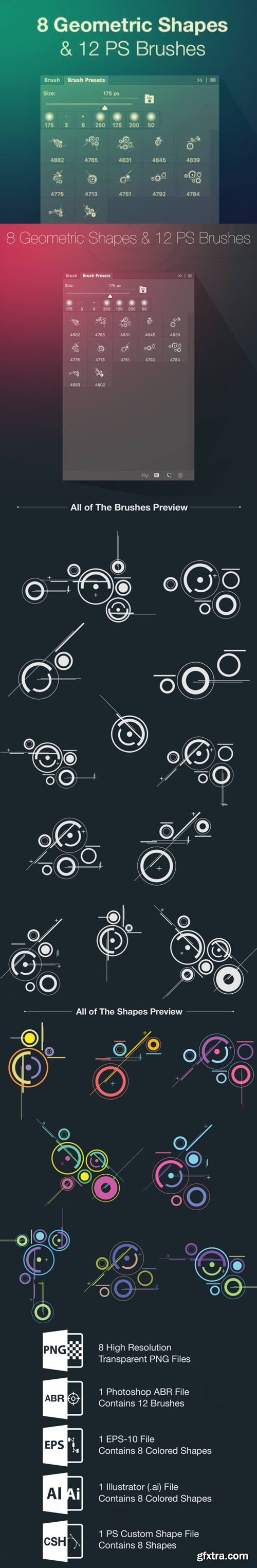 8 Geometric Shapes (CSH) & 12 Photoshop Brushes (ABR)