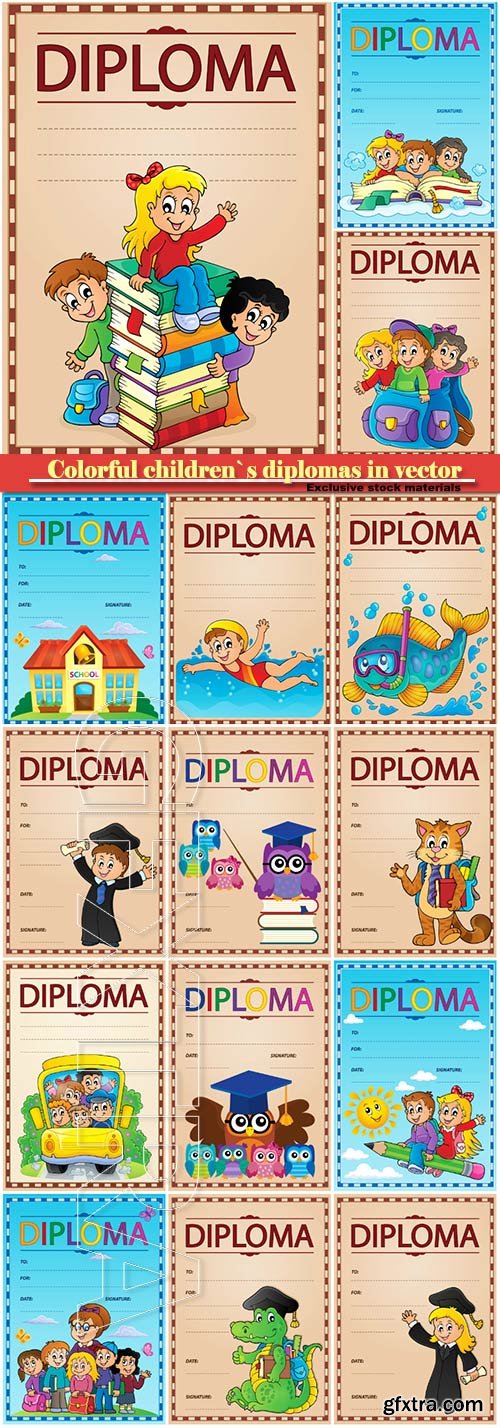 Colorful children`s diplomas in vector