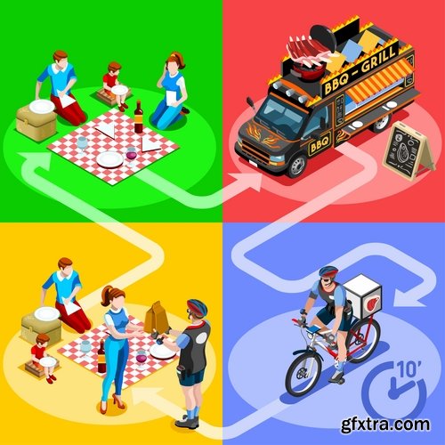 Isometric infographics food delivery service business illustration 9 EPS