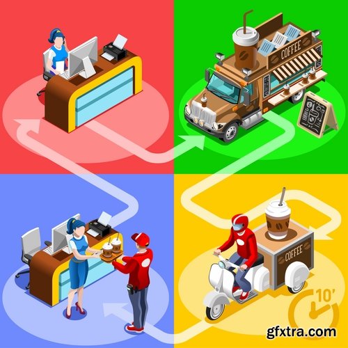 Isometric infographics food delivery service business illustration 9 EPS