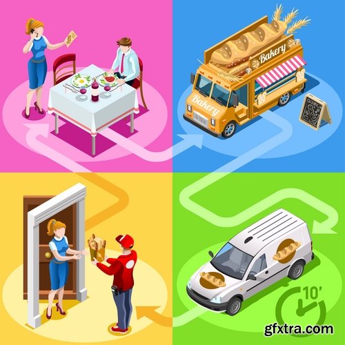 Isometric infographics food delivery service business illustration 9 EPS