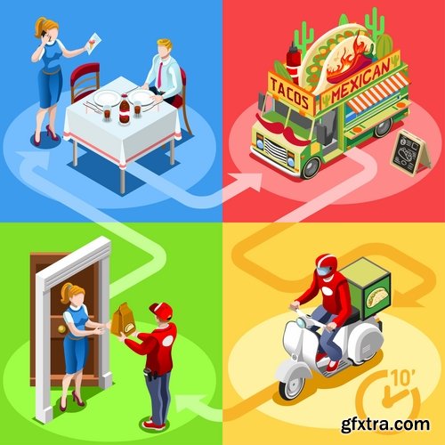 Isometric infographics food delivery service business illustration 9 EPS