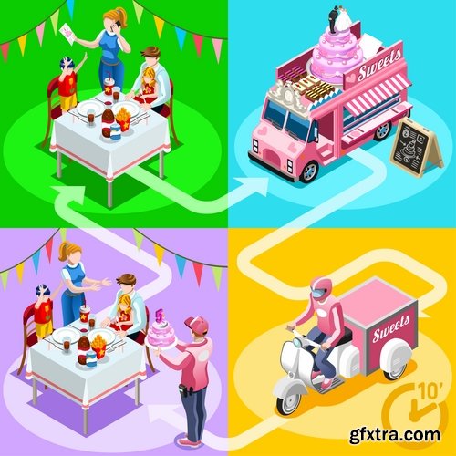 Isometric infographics food delivery service business illustration 9 EPS