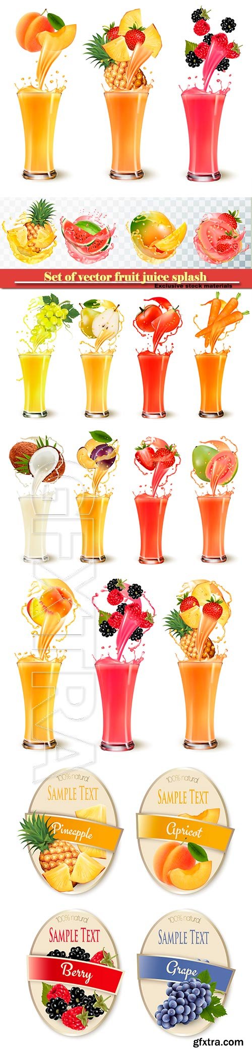 Set of vector fruit juice splash in a glass, pineapple, strawberry, raspberry and blackberry