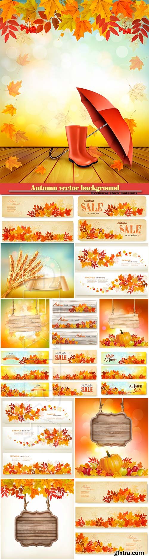 Autumn vector background with fruit and leaves, autumn sale banners