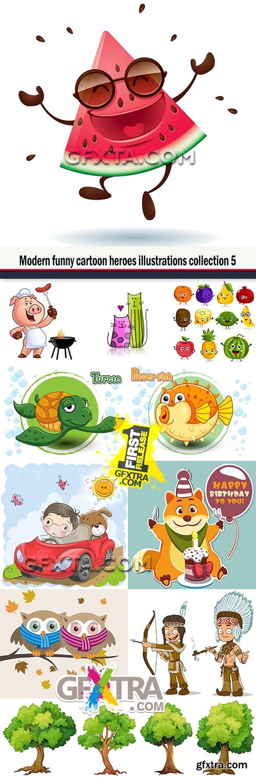 Modern funny cartoon heroes illustrations collection 5