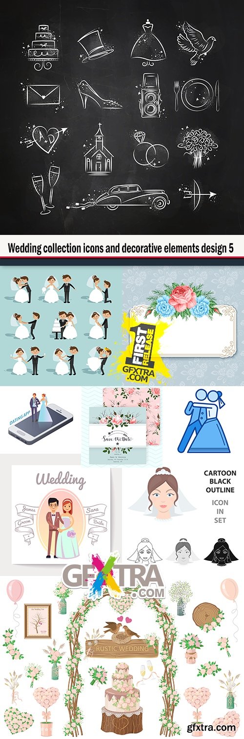 Wedding collection icons and decorative elements design 5