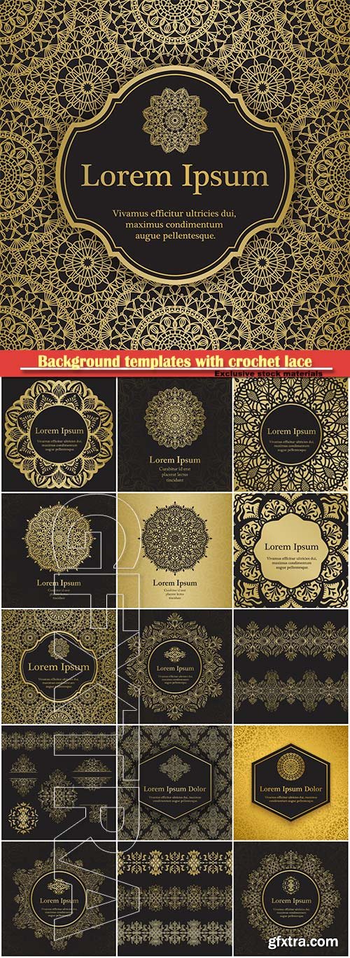 Background templates with crochet lace, gold damask ornament, mandala background