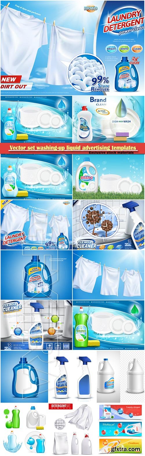 Vector set washing-up liquid advertising templates