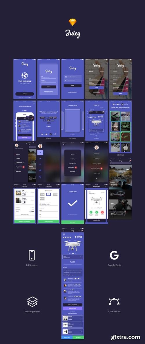 Juicy An e-commerce mobile UI Kit built for Sketch