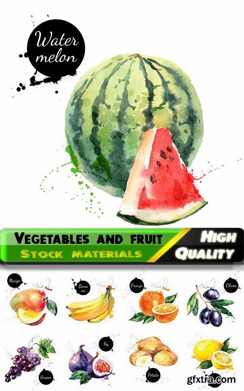 Watercolor Vegetables and Fruit Creative Art 25xEPS