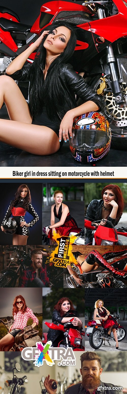 Biker girl in dress sitting on motorcycle with helmet