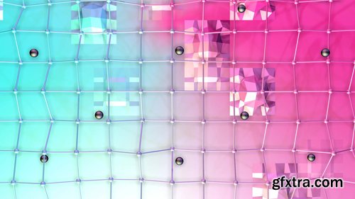 Low poly 3D surface with flying grid or mesh and black spheres as fantastic relief
