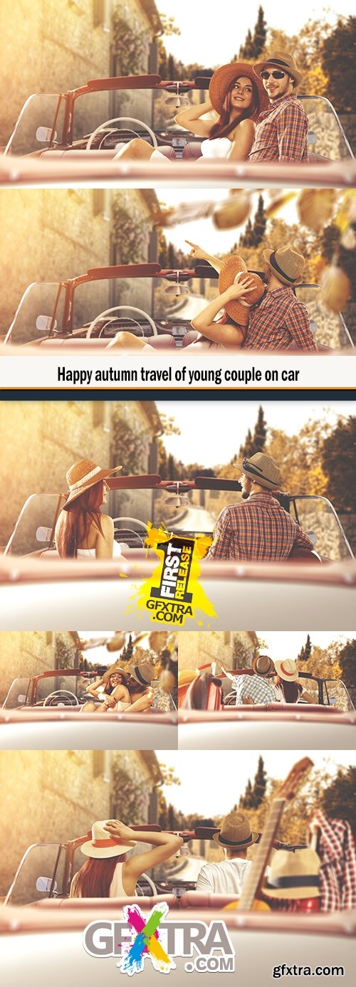Happy autumn travel of young couple on car