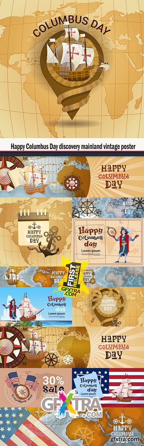 Happy Columbus Day discovery mainland vintage poster