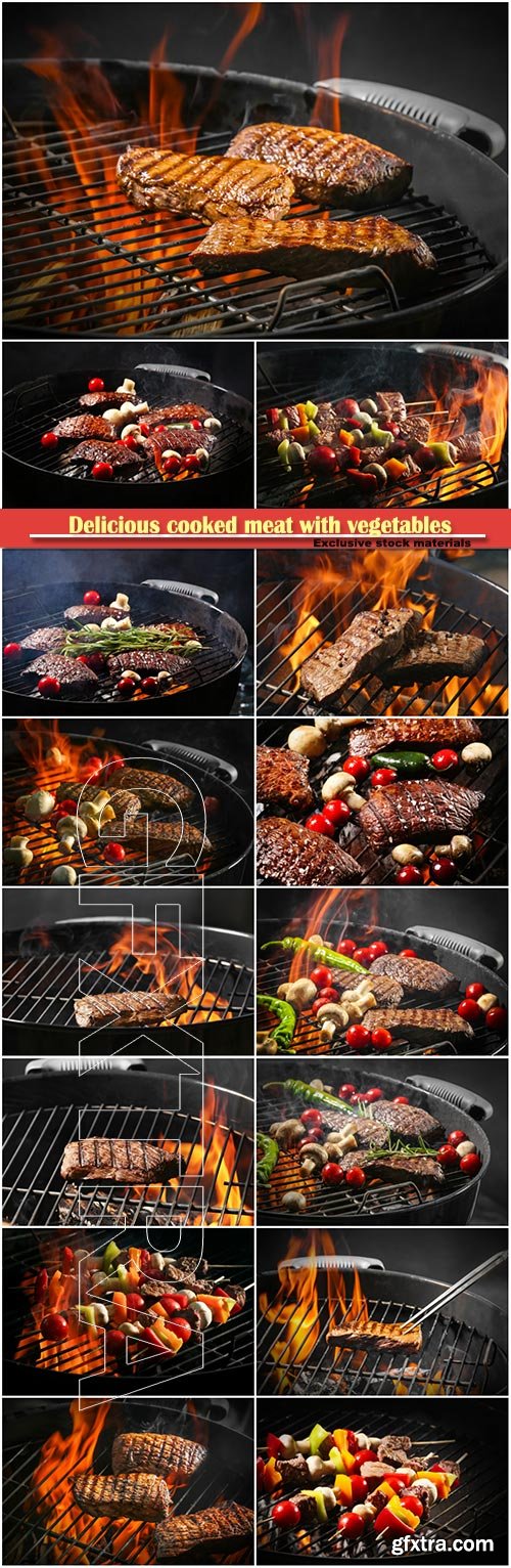 Delicious cooked meat with vegetables on grill