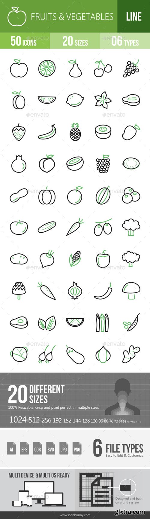 GR - Fruits & Vegetables Line Green & Black Icons 15562872