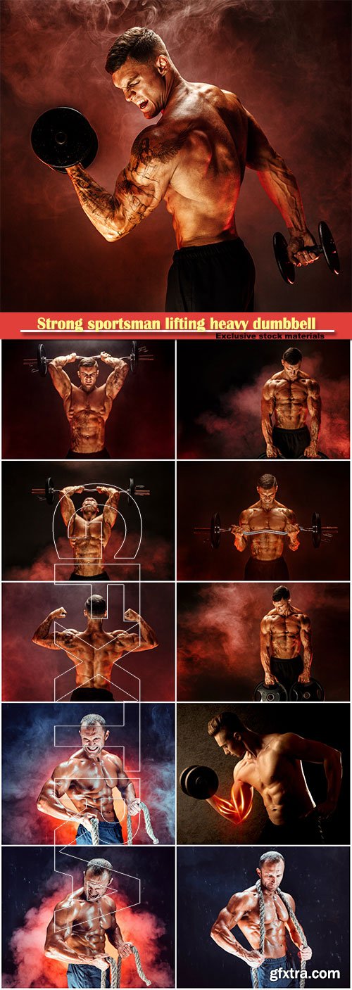 Strong sportsman lifting heavy dumbbell, bodybuilder man working out hard with rope