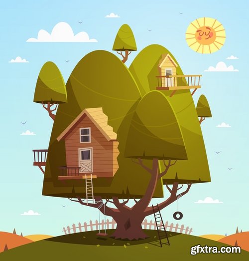 Wooden house on a tree hut vector image 25 EPS