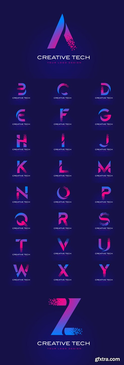 Vector Set - Initial Letter Logos Design with Digital Pixels in Blue and Purple