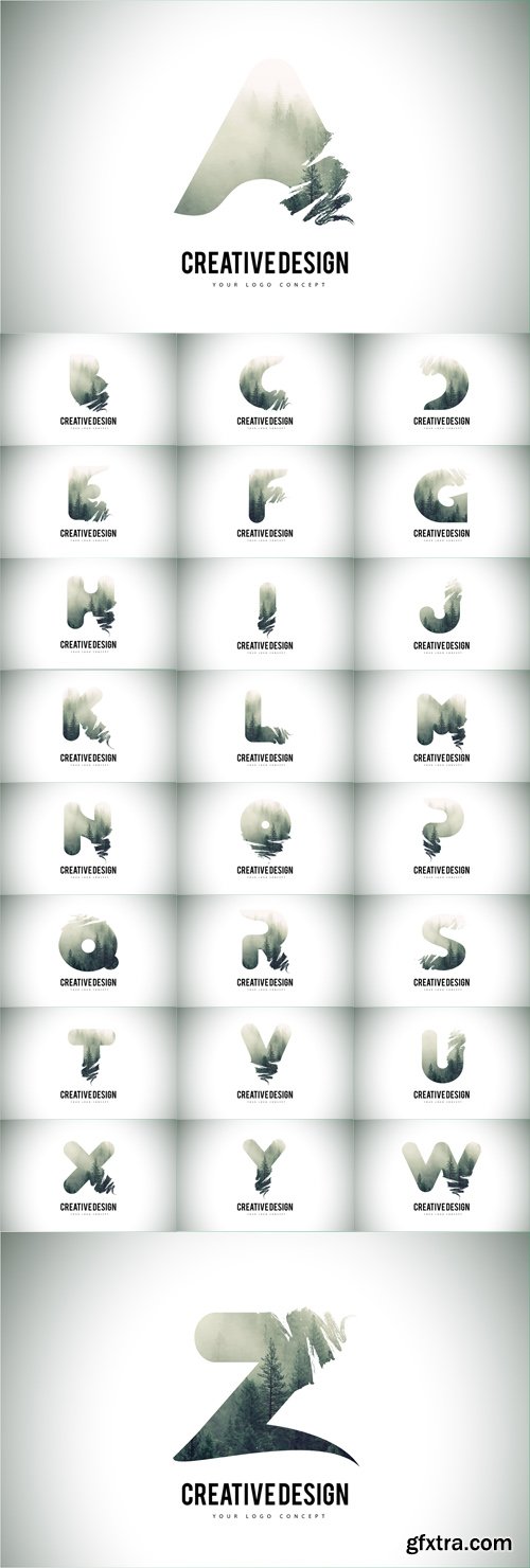 Vector Set - Letter Brush with Forest Fog Texture. Forest Trees Letter Logos Design