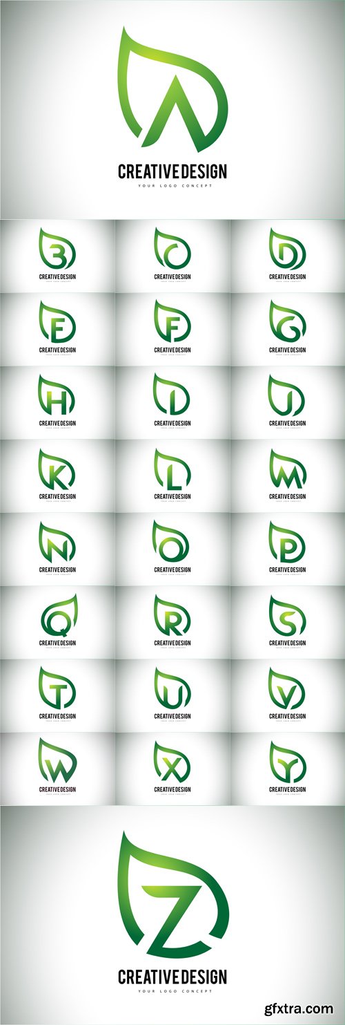 Vector Set - Leaf Logos Letter Design with Green Leaf Outline