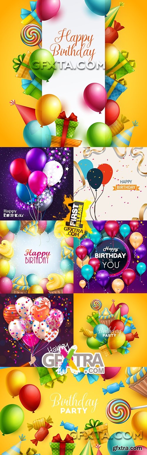 Happy birthday holiday invitation balloons gifts and sweets