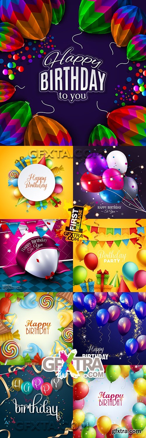 Happy birthday holiday invitation balloons gifts and sweets