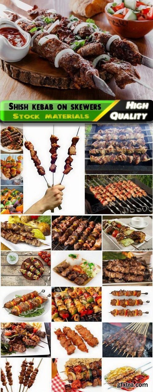 Shish Kebab on Skewers and Grilled Meat with Vegetables 25xJPG
