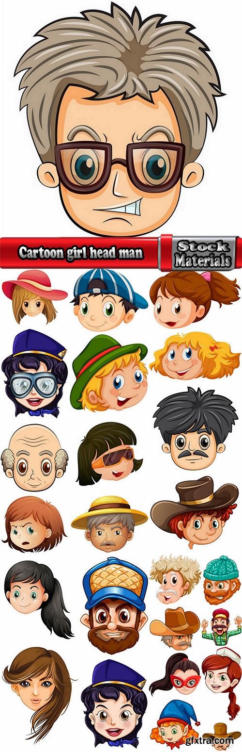 Cartoon girl head man boy teenager emotions on her face 25 EPS
