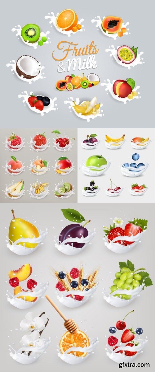 Vectors - Fruits in Milk Splashes