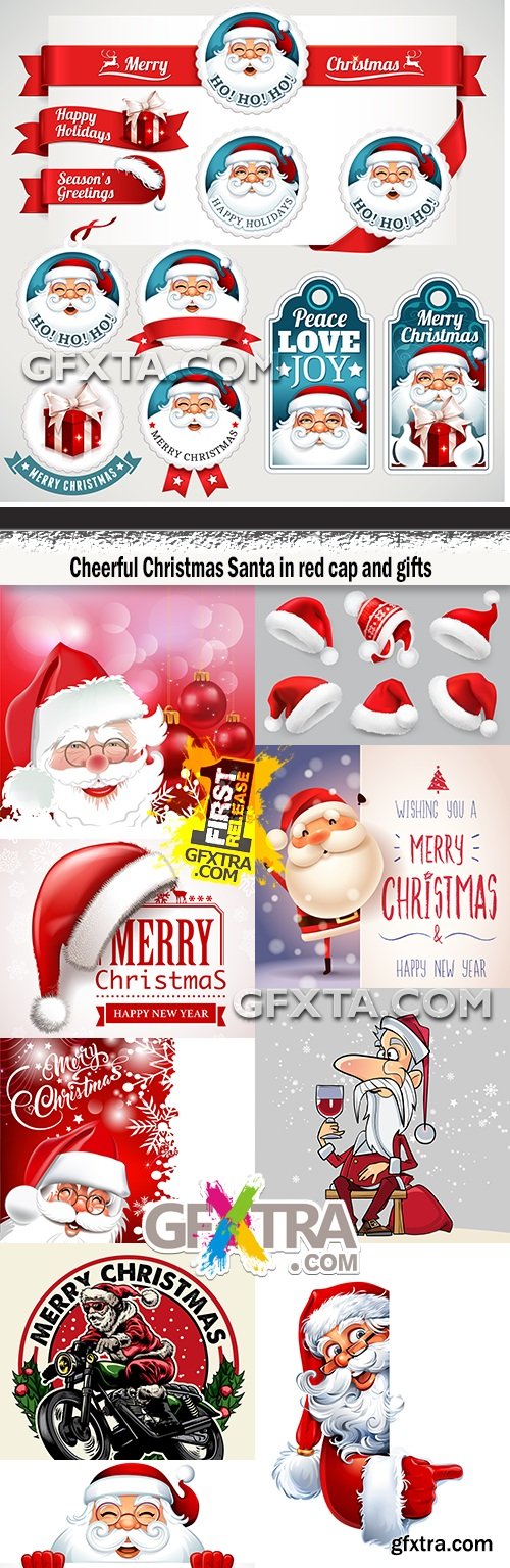 Cheerful Christmas Santa in red cap and gifts