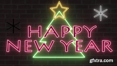 Neon New Year tree neon sing congratulation banner with star and snowflakes Neon New Year tree neon sing congratulation banner with star and snowflakes