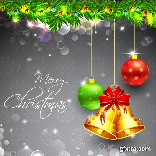 Holiday Background with Sparkles, Christmas Balls & Fir Branches 25xEPS