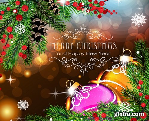 Holiday Background with Sparkles, Christmas Balls & Fir Branches 25xEPS