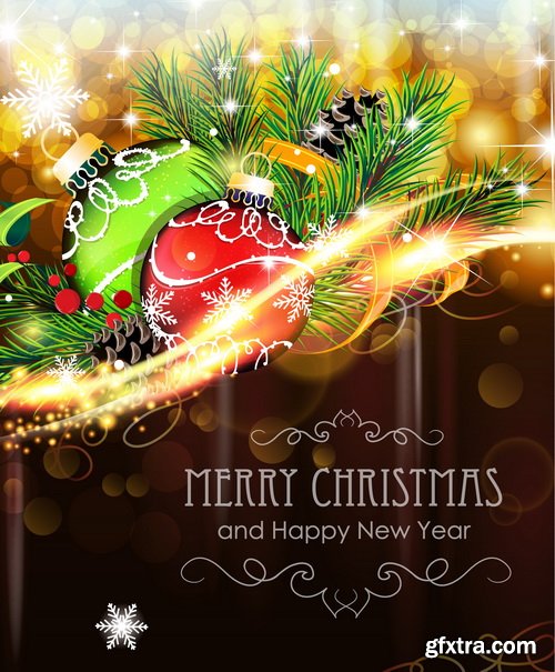 Holiday Background with Sparkles, Christmas Balls & Fir Branches 25xEPS