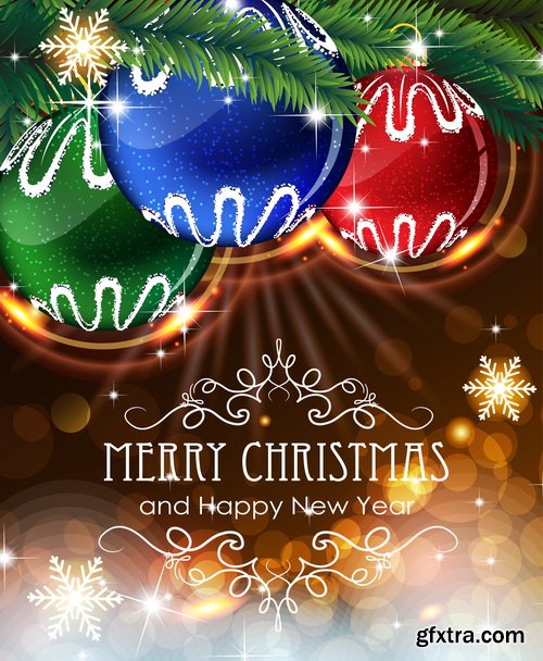 Holiday Background with Sparkles, Christmas Balls & Fir Branches 25xEPS