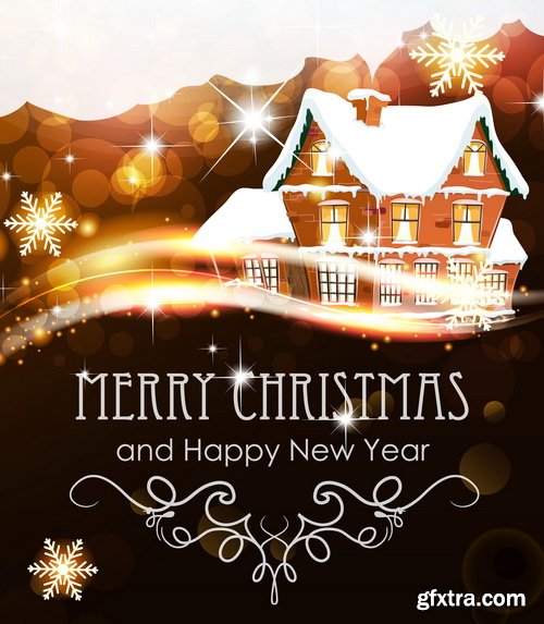 Holiday Background with Sparkles, Christmas Balls & Fir Branches 25xEPS