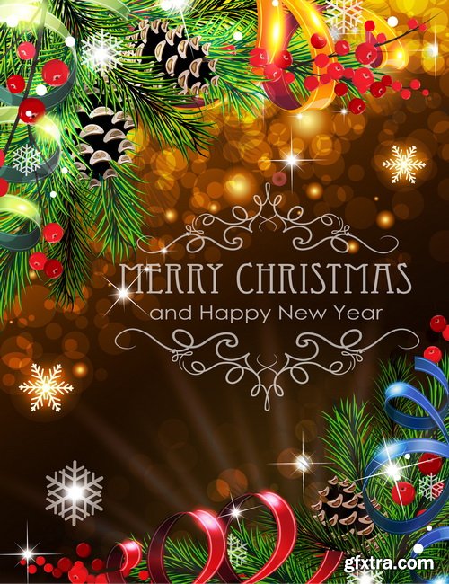 Holiday Background with Sparkles, Christmas Balls & Fir Branches 25xEPS